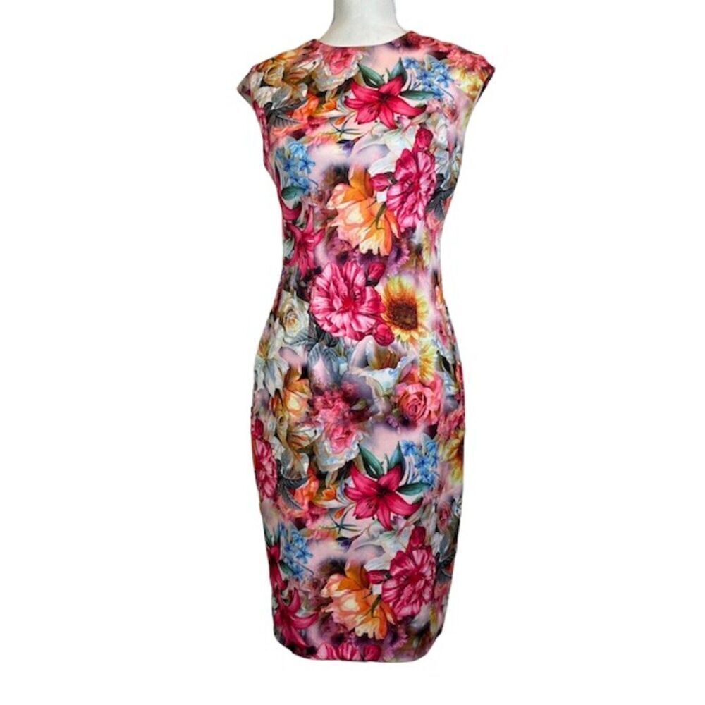 Alexia Admor Floral Scuba Dress Multi‎ Watercolor Back Zip Sleeveless Size Small